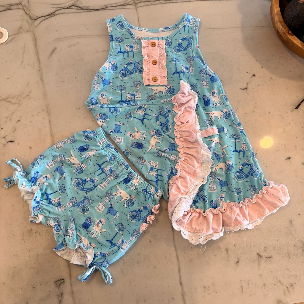Sweet honey blue chinoiserie play set dress and shorts